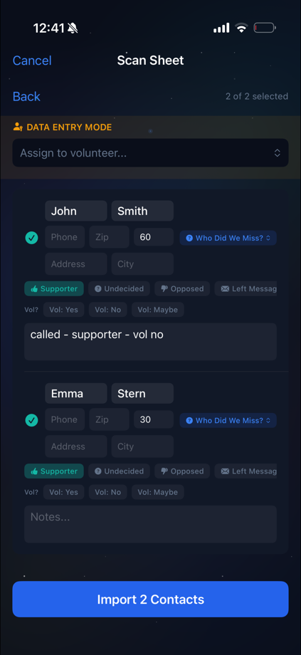 Extracted contacts ready to import and match to voter file